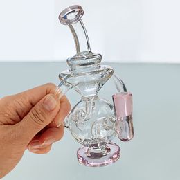 6.3 inch Thick Bent Neck Glass Bongs Clear Smoking Pipe Cute Recycler Glass Oil Dab Rigs percolator Water Pipes Female Joint With 10mm Pink Bowl Accessories