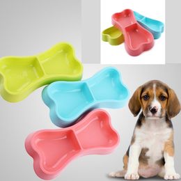 Cute Bone Shape Pet Dog Cat Puppy Food Travel Feeding Feeder Dogs Water Dish Double Bowl Supplies Plastic Colourful DH5678