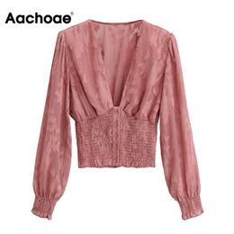 Solid Lady Short Tops V Neck Pink Vintage Chiffon Blouse Pleated Elastic Waist Cut Flowers Shirt Women Summer Autumn 210413