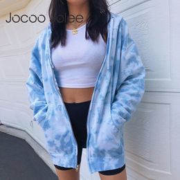 Women Autumn Casual Tie Dye Hoodies Long Sleeve Hooded Zipper Jackets for Pockets Loose Sweatshirt Streetwear 210428