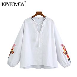 Women Fashion Floral Embroidery Loose Blouses Tied Tassel V Neck Long Sleeve Female Shirts Chic Tops 210420