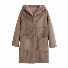 Streetwear Women Solid Faux Fur Coats Fashion Ladies Button Loose Outercoat Causal Female Chic Pocket Hooded Coat 210427