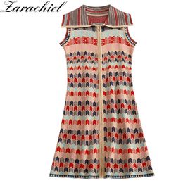 Fashion Designer Plaid Knitted Women's Sleeveless Lapel Collar Zipper Tank Female Vintage Sweater Mini Dress Vestido 210416