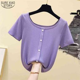 Korean Fashion Clothing Summer Women Short Sleeve Knitted T Shirt Cotton Round Collar Tshirt Shirts Tops 9552 210506