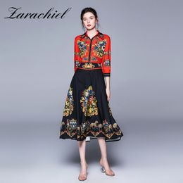 Luxury Designer Vintage Carriage Print Red and Black Contrast Color Shirt Women Elegant Lapel Collar Autumn Mid Long Dress 210416