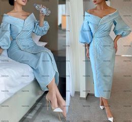 Dubai Sky Blue Midi Arabic Mother of The Bride Dresses 2022 Long Sleeve Luxury Beaded Tea Length Mother Formal Occasion dress wear