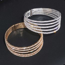 5 Rows Elegant Clear Rhinestone Bangle Bracelet Gold Colour Crystal Bangles Wedding Bridal Jewellery Accessories for Women Wx209 Q0719