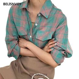 Spring Autumn Vintage Shirt Female Oversized Tops Women Long Sleeve Girls Blouse Loose Retro Plaid Blouses Femme Blusas 210520