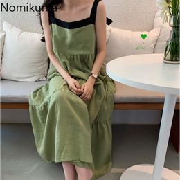 Nomikuma Korean Style Contrast Color Patchwork Spaghetti Strap Dress Women A Line Backless Vintage Dresses Vestidos Robe 3b371 210514