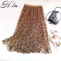 Hsa Summer Harajuku Chic Long Skirts Saias High Waist Plteaed Mesh Butterfly Women Saia Fladas ropa mujer Loose pleated skirt 210417