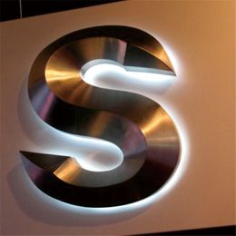 Custom made outdoor 3d stainless steel back lit LED letters shop sign for business, halo lighted metal store name signage, rear illuminated advertising signboard