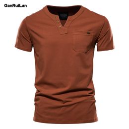 Summer Tops Tee Quality Cotton T Shirt Men Solid Color Design V-neck Casual Classic Men's Clothing T-shirt B0940 210518