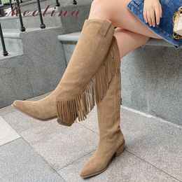 Real Leather Knee High Boots Woman Heel Western Thick Shoes Fringe Pointed Toe Ladies Long Black 210517