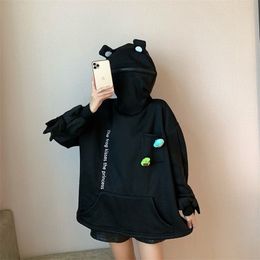 Deeptown Frog Hoodie Winter Fashion Splice Sweatshirt Women Long Sleeve Pullover Casual Loose Tops Black Plus Velvet 210805