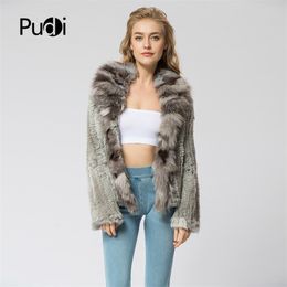 CR072 Knitted Real Rabbit Fur Coat Overcoat Jacket With Fox Fur Collar Russian Women's Winter Thick Warm Genuine Fur Coat 211019