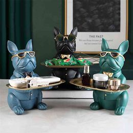 Resin Cool Dog Sculpture Bulldog Decorative Figurine Storage Tray Coin Bank Entrance Key Snack Holder Modern Art Statue 210811