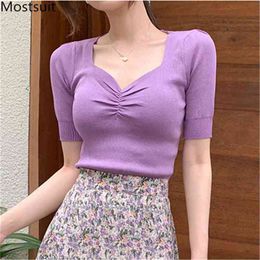 Summer Korean Knitted Short T Shirts Crop Tops Women Sleeve V-neck Solid Slim Basic Fashion Sexy Tees 210513