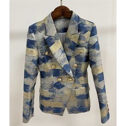 HIGH QUALITY Fashion Designer Blazer Jacket Women's Lion Metal Buttons Double Breasted Colors Painting Jacquard 211006