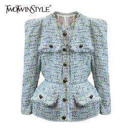 Hit Colour Tweed Jacket For Women V Neck Long Sleeve Tunic Temperament Jackets Female Fashion Clothing 210524