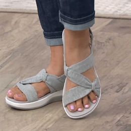 Women Sandals Summer Casual Solid Colour Bow Retro Chaussure Femme Slip-On Outdoor Beach Flats All-Match Shoes for Women 2021 New Y0721