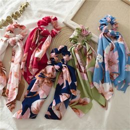 Summer Beach Flower Long Ribbon Band Boho Print Scarf Hair Scrunchies For Women Fashion Elastic Hair Tie Hair Accessories