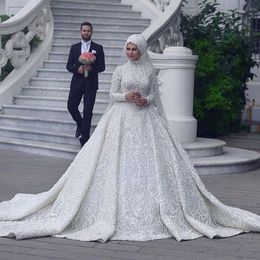 Costume branco muçulmano vestido de casamento manga comprida applique pescoço alta sereia