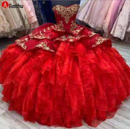 NEW! 2022 Red Prom Quinceanera Dresses sweetheart Ball Gowns Strapless Corset Back with gold ace Applique Tiered Skirt Tulle Sweet 15 custom made