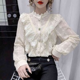 autumn Korean style temperament all-match thin lace chiffon female wood ears stand-up collar long-sleeved bottoming shirt 210412
