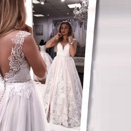 Lace Appliques Sleeveless Wedding Dresses Sweep Train Simple Bridal Gown Custom Made