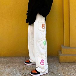 Retro Pants Men Women Pocket Letter Print Straight Cargo Hip-hop Oversize Jeans Trousers Casual Denim Pants Harajuku Streetwear 211011