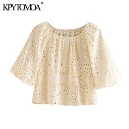 Women Fashion Cutwork Embroidery Cropped Blouses O Neck Short Sleeve Female Shirts Blusas Chic Tops 210420