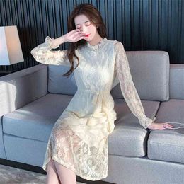 Fashion dress women spring 's stand-up collar lace long-sleeved mid-length 210520