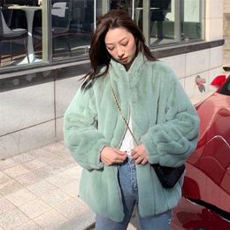 Korean version of imitation mink fur coat female fur coat stand-collar striped plush coat 211110