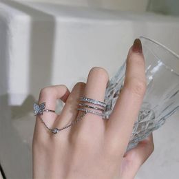 Wedding Rings 2022 Silver Color Butterfly Women Open Shiny Rhinestone Chain Girls Sweet Elegant Tassel For Ladies Jewelry