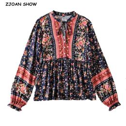 Bohemia Bandage Open buttons V neck Floral Print Women Shirt Holiday Contrast color Loose Long Sleeve Blouse Tops Beach 1 set 210429
