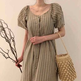 Summer Fashion Casual Elegant Simple Round Neck Striped Design Loose Single-breasted Puff Sleeve Dress 16F1103 210510