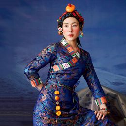 Red blue Tibetan Ethnic Clothing Holidays costume Zhuoma Living Clothes Spring Autumn Tibet Girl Cotton Clothing Lhasa Fashion Gown Robe