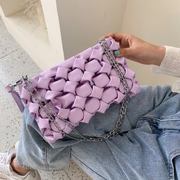 2021 Leather Woven Bag Women's Summer Personality Shoulder Bag Small Fresh and Sweet Solid Colour Women's Handbag
