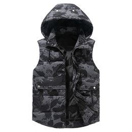 Men's Winter Vest Plus Size 5xl Hat Detachable Waistcoat Camouflage Sleeveless Jackets Warm Parkas Unloading Coat for Men Unisex 211119