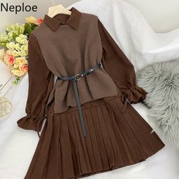 Neploe Two Piece Outfits for Women Fashion Pleated Dresses Knitted Sweater Vest Korean Slim Suit Femme Roupas 2 Piece Set 94597 210422
