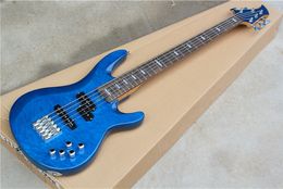 5 Strings Blue Body Electric Bass Guitar with Rosewood Fingerboard,Chrome Hardware,2 Pickups,Can be customized