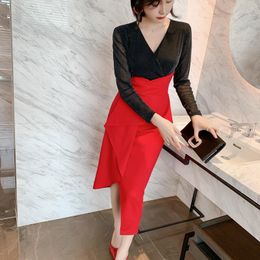 Casual Dresses Women Slim Asymmetrical Ruffle OL Work Office Dress Christmas Winter 2021 Contrast Europe Style Runway