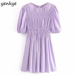 Vintage Purple Ruched Puff Sleeve Women O Neck Elastic Waist Pleated Casual Summer Dress Short Sundress vestido 210514