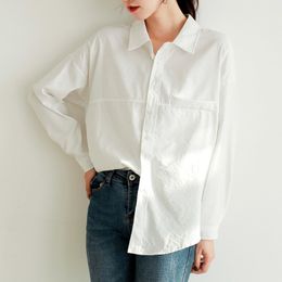 Women Blouse Tops Spring Autumn Shirts White Plain Loose Oversized Blouses Female Blusas Pockets 523A 210420