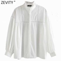 Zevity Women Sweet Agaric Lace White Loose Kimono Shirt Lady Lantern Sleeve Hollow Blouse Roupas Chic Femininas Tops LS7397 210603