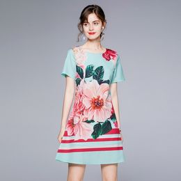 Summer fashion Elegant women Short Sleeve O Neck Casual Loose Positioning Floral Printed Dress Vestidos 210531