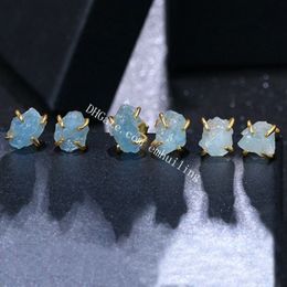 Irregular Natural Aquamarine March Birthstone Prong Set Stud Earrings For Women and Girls Gold Plated Genuine Raw Rough Blue Quartz Crystal Gemstone Studs Earring