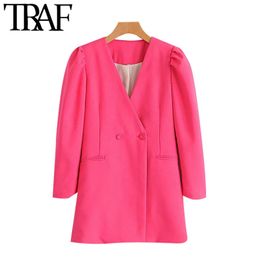 TRAF Women Fashion Double Breasted Long Style Blazers Coat Vintage V Neck Puff Sleeve Female Outerwear Chic Tops 210415