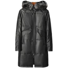 Genuine Leather Jacket Mens Winter Jackets Long Down Parkas hooded Warm Snow Coat Outerwear Overcoat Hoodies Tops Plus Size Black Real Fur Collar