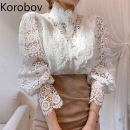 Korobov Korean Chic Qutumn New Chic Lace Blouses Vintage Hollow Out Sexy Single Breasted Stand Collar Shirts Blusas Mujer 210430